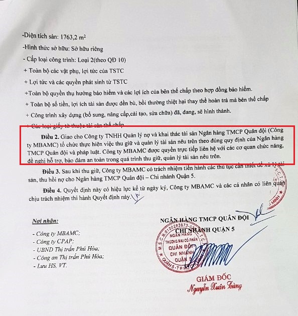 Ngày 7/3/2019, MB Quận 5 đã ra quyết định về việc thu giữ tài sản bảo đảm của Công ty CPAP