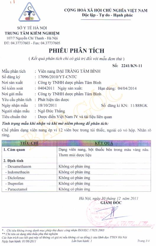 Phiếu phân tích sản phẩm Đại tràng Tâm Bình cho kết quả âm tính với thành phần tân dược