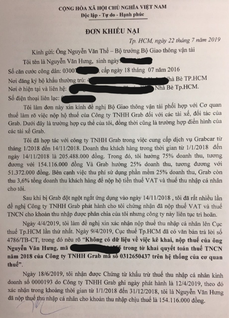 Ông Hưng sau khi khởi kiện Grab đã gửi đơn khiếu nại lên Cục thuế và Bộ Giao thông vận tải mong được điều tra, làm rõ về các dấu hiệu sai phạm của Grab.