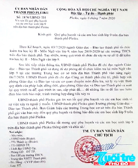 Văn bản xin lỗi phụ huynh và học sinh của Chủ tịch UBND TP Pleiku sau vụ lộ đề thi