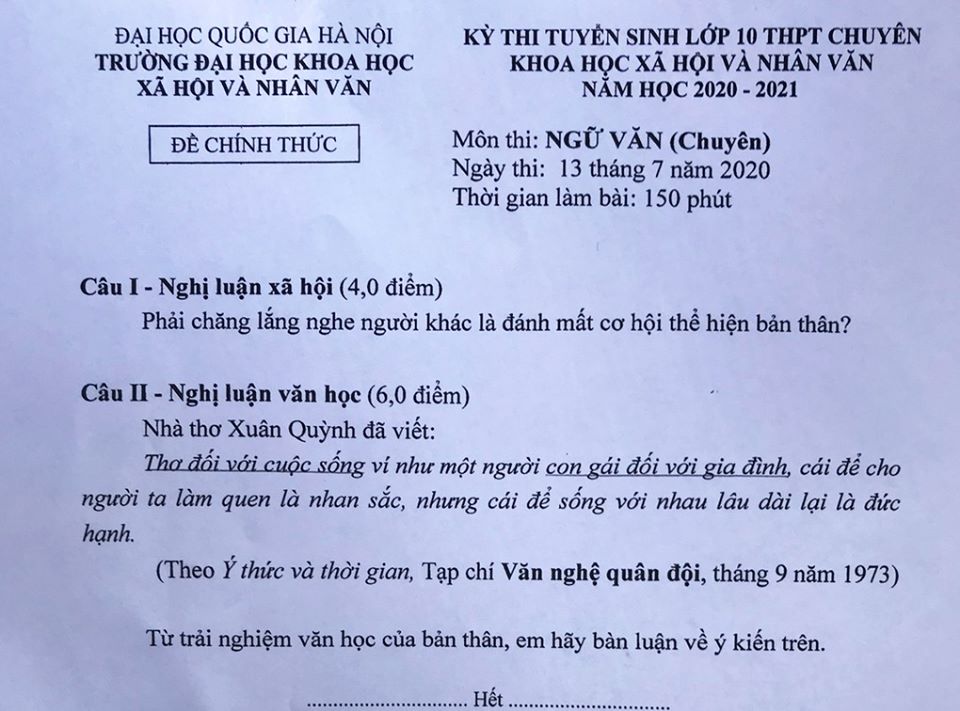 Đề thi môn Ngữ văn chuyên vào trường THPT Chuyên Khoa học xã hội và Nhân văn