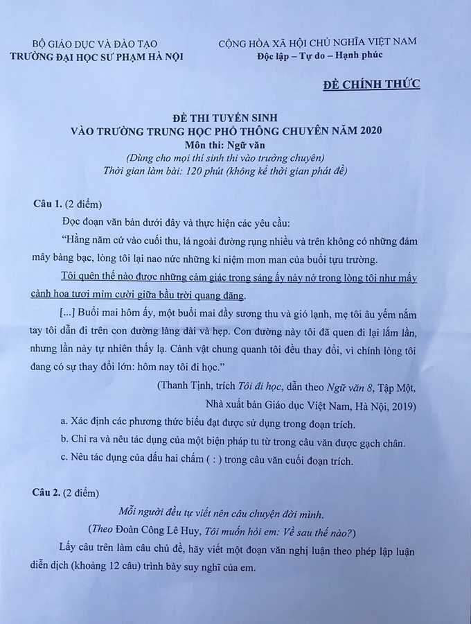 Đề Văn trường THPT Chuyên Sư phạm Hà Nội: Thí sinh có thể dễ dàng đạt điểm khá