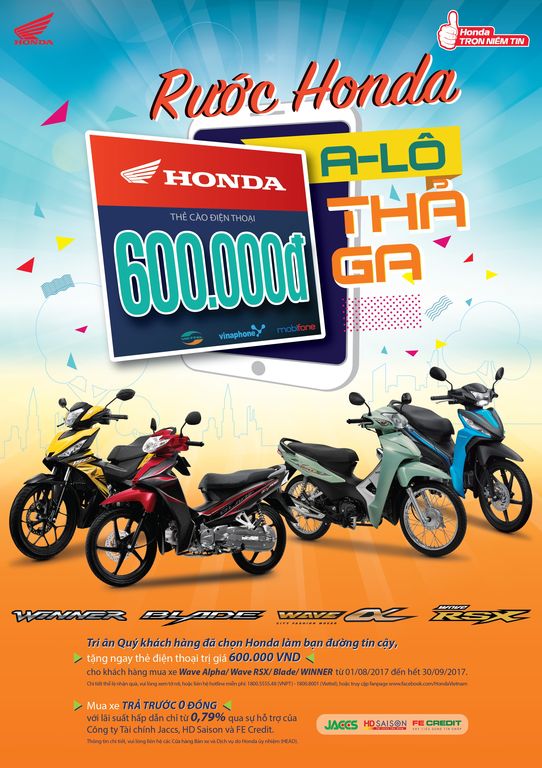Nhận ngay thẻ điện thoại 600.000 đồng khi mua xe máy Honda Việt Nam