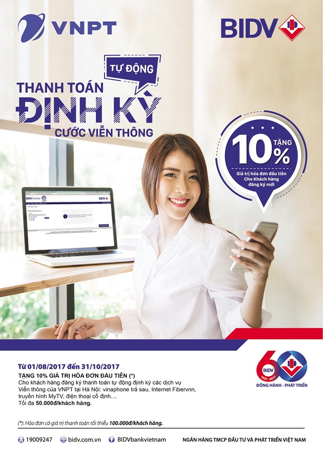 Thanh toán tự động định kỳ cước viễn thông VNPT Vinaphone Hà Nội - Tặng 10% giá trị hóa đơn đầu tiên