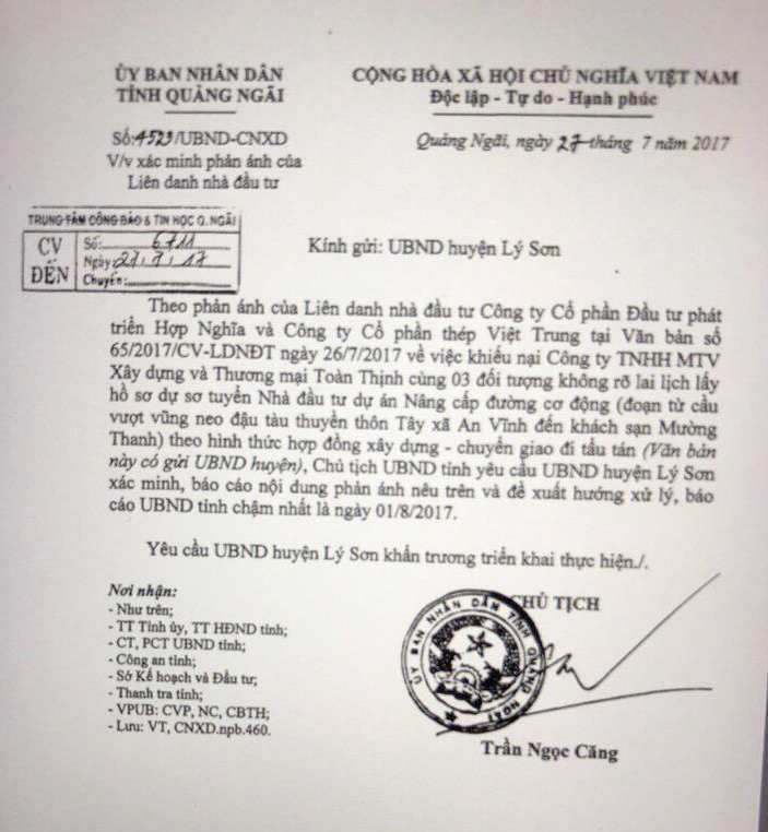 Tại huyện Lý Sơn: Trước giờ mở thầu doanh nghiệp bị “đánh cắp” hồ sơ