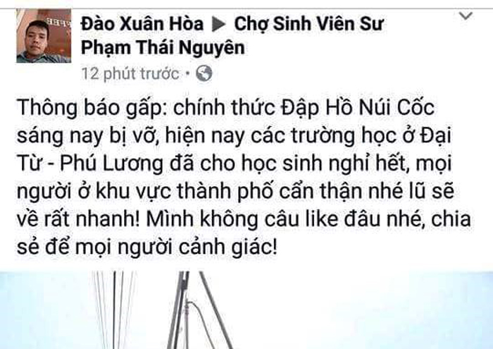 Thái Nguyên: Đề nghị xử phạt đối tượng tung tin vỡ đập hồ Núi Cốc