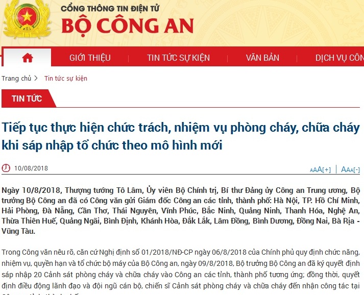 Sáp nhập 20 Cảnh sát PCCC vào Công an các tỉnh thành