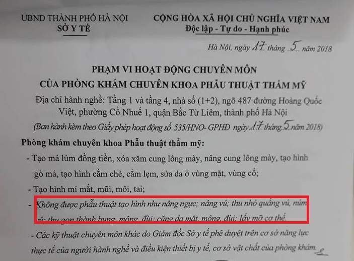 Giấy phép hoạt động do Sở Y tế Hà Nội cấp ghi rõ không được hoạt động nâng ngực