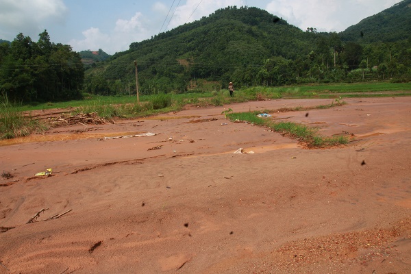 Hàng nghìn mét khối bùn thải từ nhà máy tuyển quặng của Công ty Hưng Phát đổ xuống ruộng lúa nhà dân
