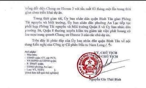 Công văn của UBND quận Bình Tân gửi Nam Long.