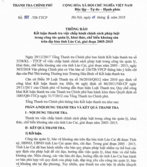 Kết luận của Thanh tra Chính phủ chỉ ra hàng loạt sai phạm trong lĩnh vực quản lý, khai thác, chế biến khoáng sản của tỉnh Lào Cai