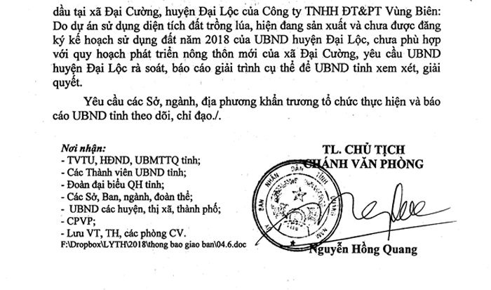 Văn bản thông báo ý kiến chỉ đạo của Chủ tịch UBND tỉnh Quảng Nam.