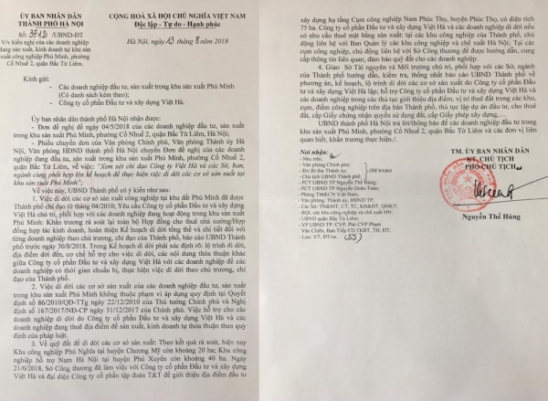 UBND TP. Hà Nội yêu cầu Công ty Việt Hà phải có kế hoạch di dời chi tiết với từng doanh nghiệp tại CCN Phú Minh.