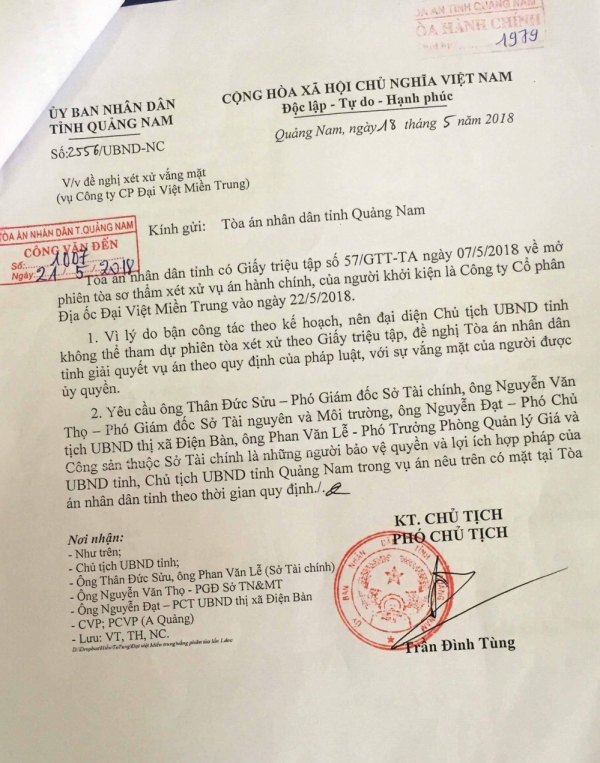 UBND tỉnh Quảng Nam cử người đại diện có nghĩa vụ liên quan tham gia phiên Tòa theo giấy triệu tập của Tòa án nhân dân tỉnh Quảng Nam.