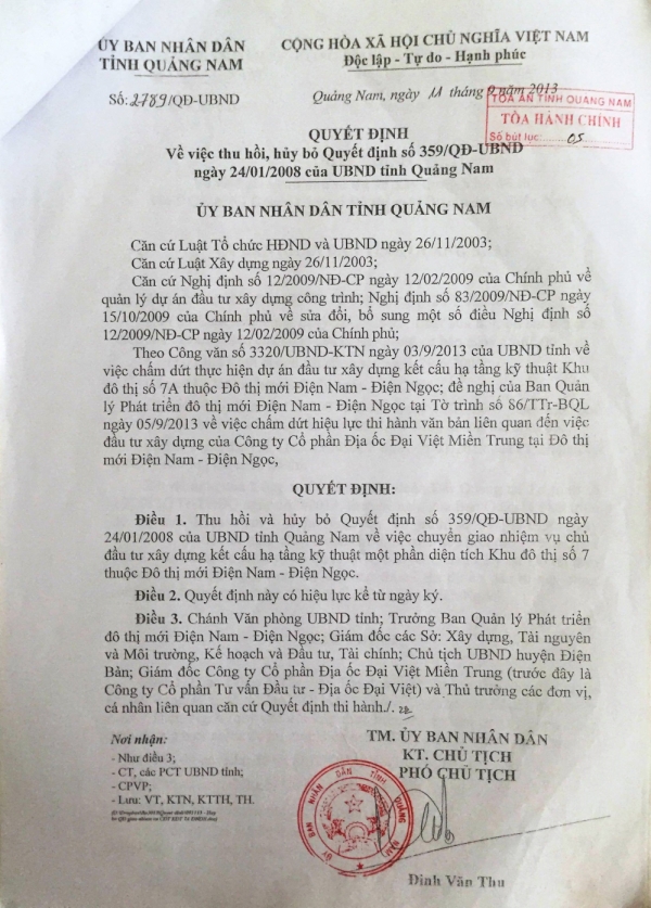 Quyết định 2789/QĐ-UBND của UBND tỉnh Quảng Nam bị công ty Đại Việt khiếu kiện.