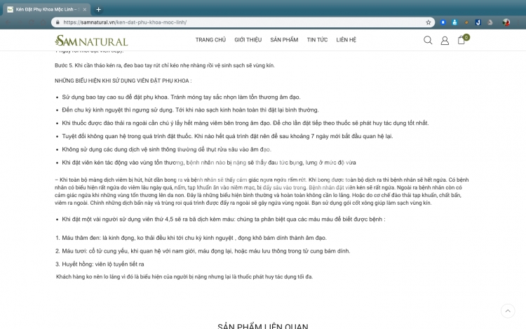 Phần giới thiệu công dụng và cách dùng của Thảo mộc vệ sinh Mộc Linh trên website của công ty Sam - Natural