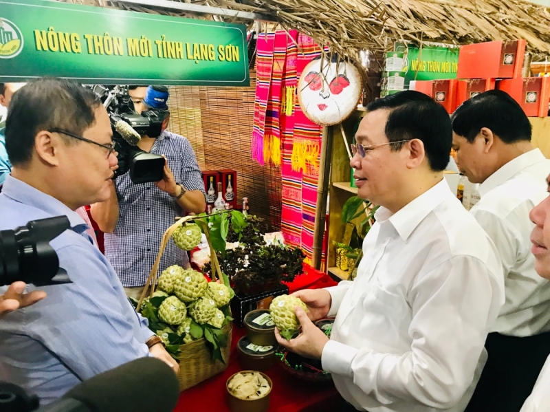 Phó Thủ tướng Vương Đình Huệ thăm gian hàng trưng bày nông sản đặc sản của các tỉnh miền núi phía Bắc sáng 3/8 tại Hòa Bình