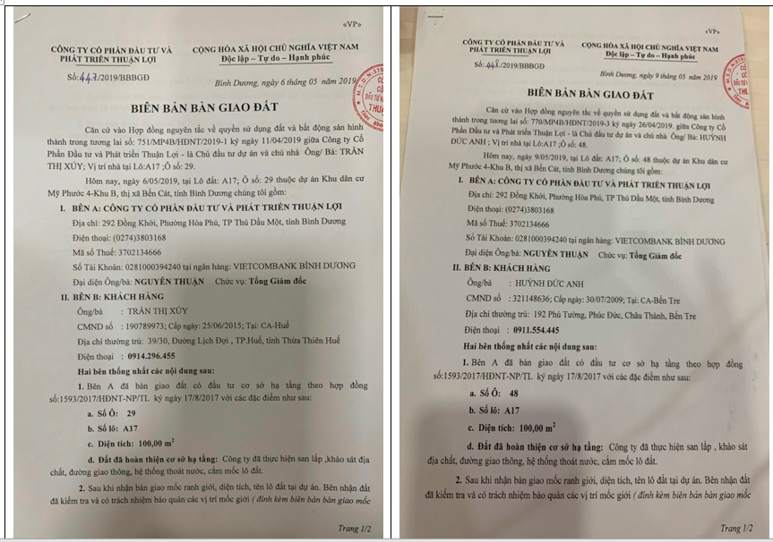 Biên bản bàn giao đất của công ty Thuận Lợi cho khách hàng thuộc phần đất công ích do phường Mỹ Phước quản lý