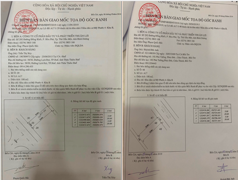 Biên bản bàn giao mốc toạ độ góc ranh của Công ty Thuận Lợi tự vẽ ra bán cho khách hàng ngay trên diện tích đất công ích phường Mỹ Phước.
