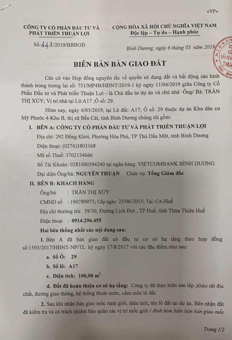 Biên bản công ty Thuận Lợi bàn giao lô đất đất công ích có diện tích hơn 7.500m2 khi chưa được cơ quan chức năng giao đất.