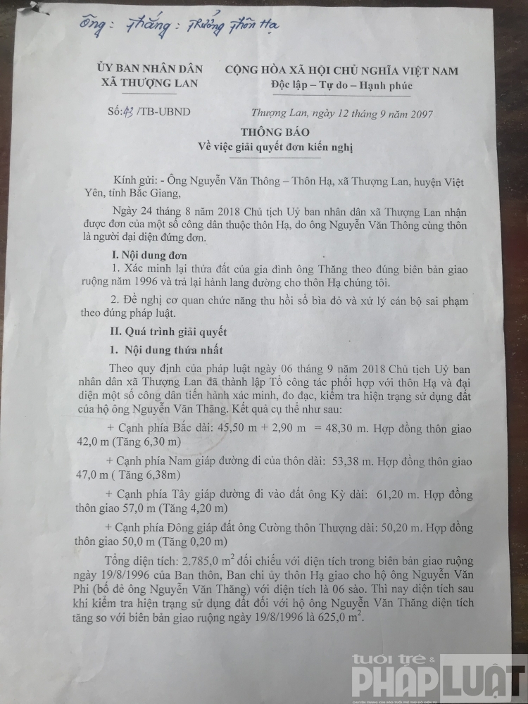 UBND xã Thượng Lan thông báo kết quả đo đạc diện tích hộ ông Thăng.