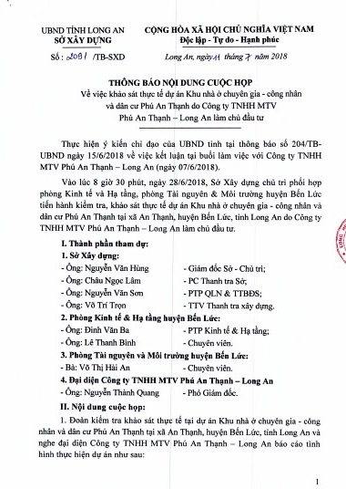 Thông báo của Sở Xây dựng tỉnh Long An.