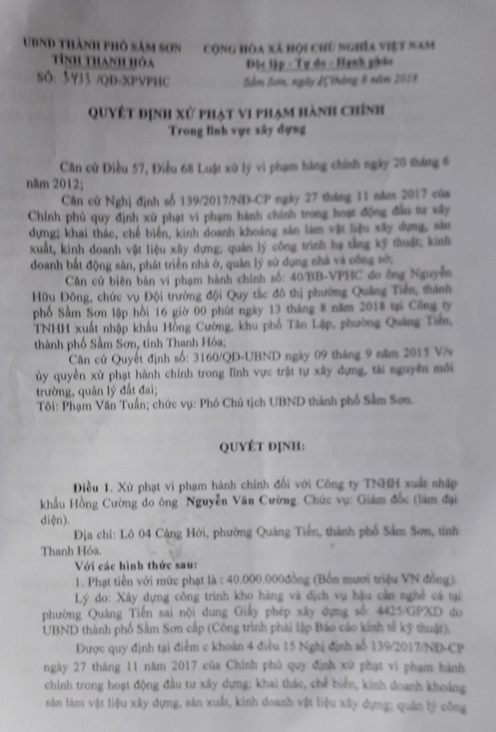 Quyết định xử phạt vi phạm hành chính của UBND TP Sầm Sơn đối với Cty Hồng Cường.