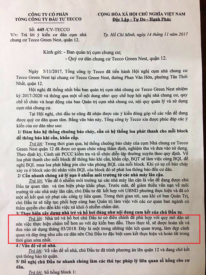 Văn bản của Tecco trả lời cư dân.