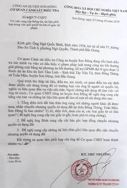 Công an vào cuộc điều tra vụ bồi thường cho dân xong đòi thu hồi lại tiền tại Bắc Giang.