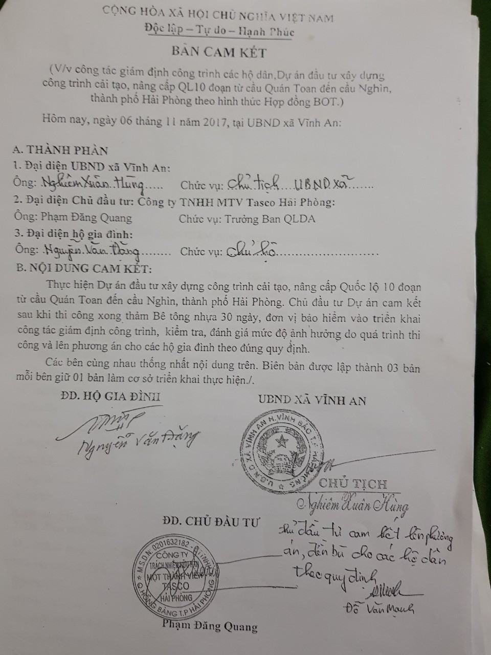 Bản cam kết giữa Chủ đầu tư với hộ ông Nguyễn Văn Đặng