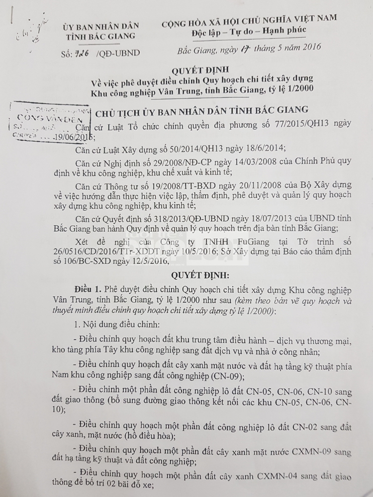 Việc điều chỉnh Quy hoạch chi tiết xây dựng và sử dụng đất tại KCN Vân Trung của tỉnh Bắc Giang liệu có đúng quy định pháp luật hay không?