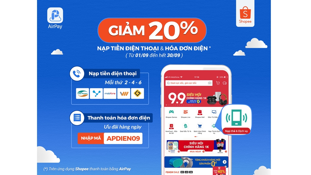 Tiết kiệm 20% khi nạp tiền điện thoại & thanh toán hóa đơn tiền điện trên Shopee với AirPay