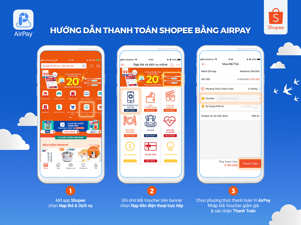 Hướng dẫn thanh toán bằng Ví AirPay tại mục “Nạp Thẻ và Dịch Vụ” trên ứng dụng Shopee để nhận ngay ưu đãi lên đến 20%