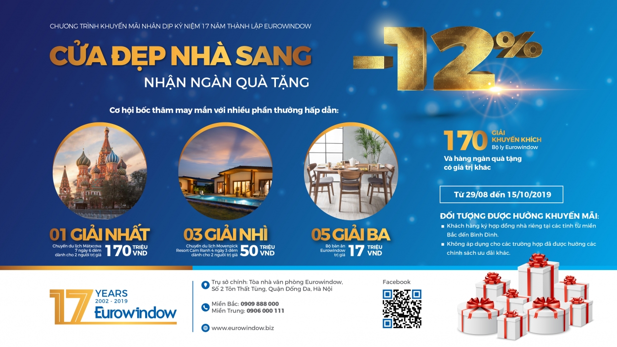 – Eurowindow khuyến mại lớn nhân dịp kỷ niệm 17 năm thành lập. Thông tin chi tiết truy cập website: www.eurowindow.biz hoặc liên hệ hotline: Miền Bắc: 0909 888 000. Miền Trung: 0906 000 111.