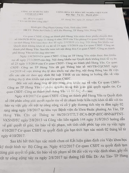 Văn bản trả lời của Cơ quan Cảnh sát điều tra Công an TP Hưng Yên