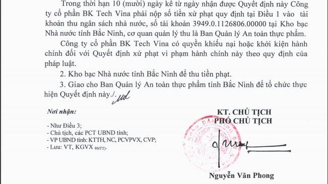 UBND tỉnh Bắc Ninh ban hành quyết định xử phạt Công ty BK Tech Vina.