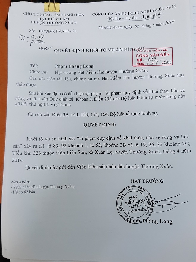 Hạt kiểm lâm huyện Thường Xuân đã ra quyết định khởi tố vụ án hình sự đối với vụ phá rừng tại xã Xuân Lẹ vào tháng 4/2019.