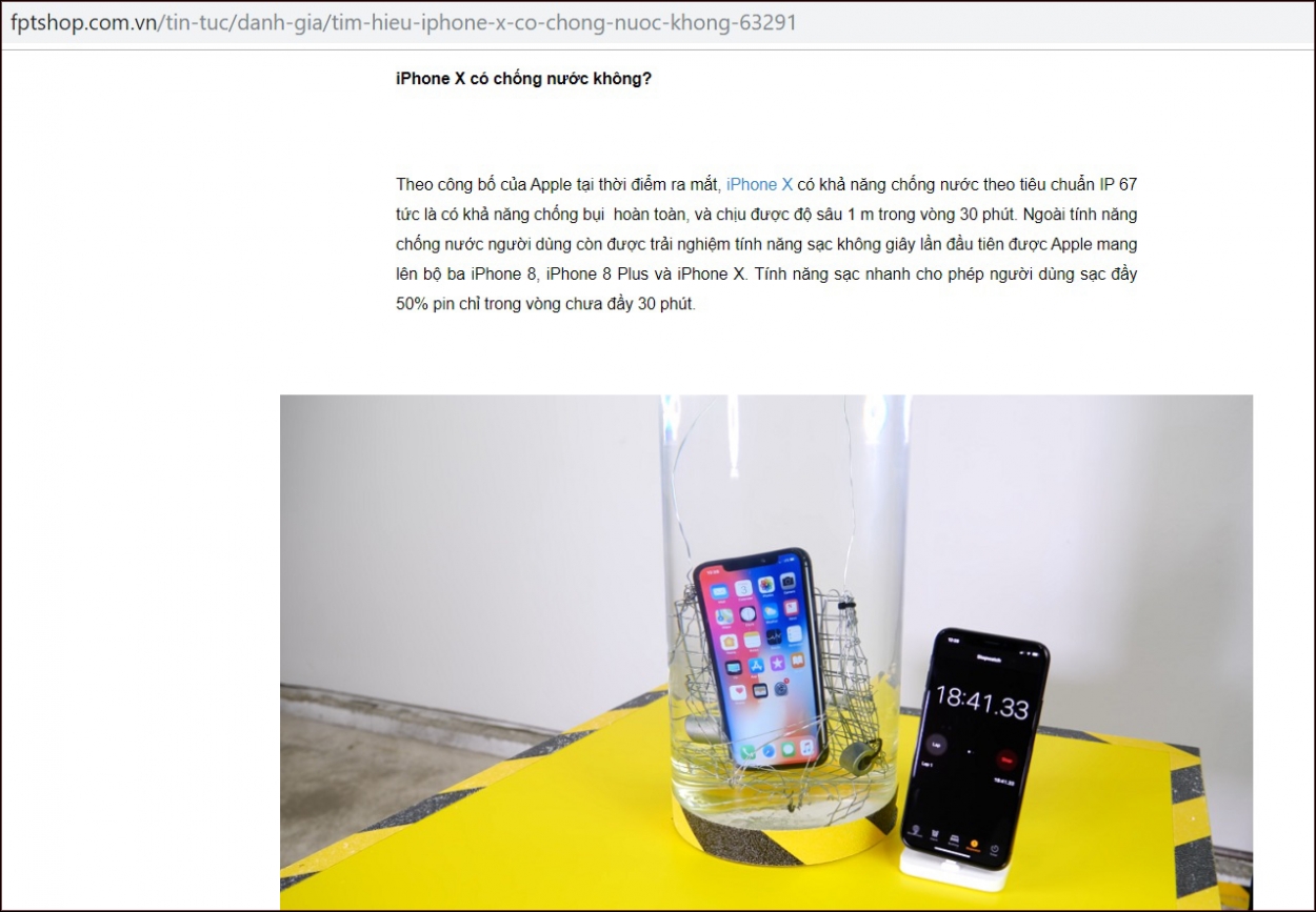 FPT và quảng cáo sản phẩm Iphone X chống nước trên website chính thức