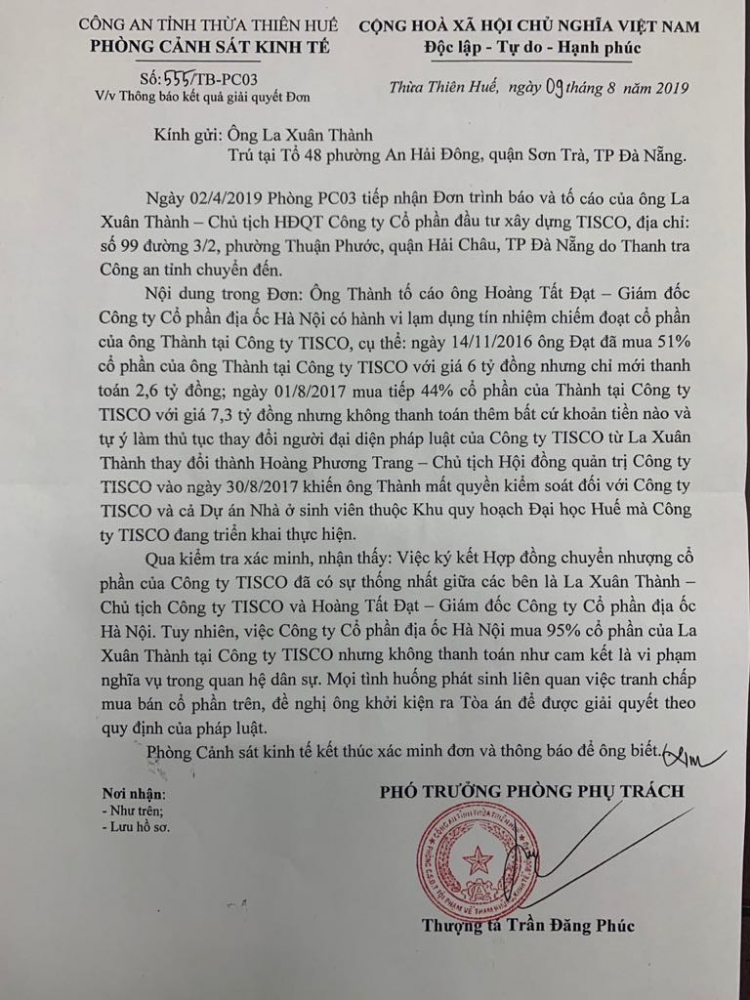 Việc tranh chấp nội bộ công là một phần khiến dự án thi công chậm vì thiếu vốn. Sau khi công an vào cuộc, lãnh đạo Tisco Huế đã nhận lại cổ phần và triển khai các thủ tục của dự án