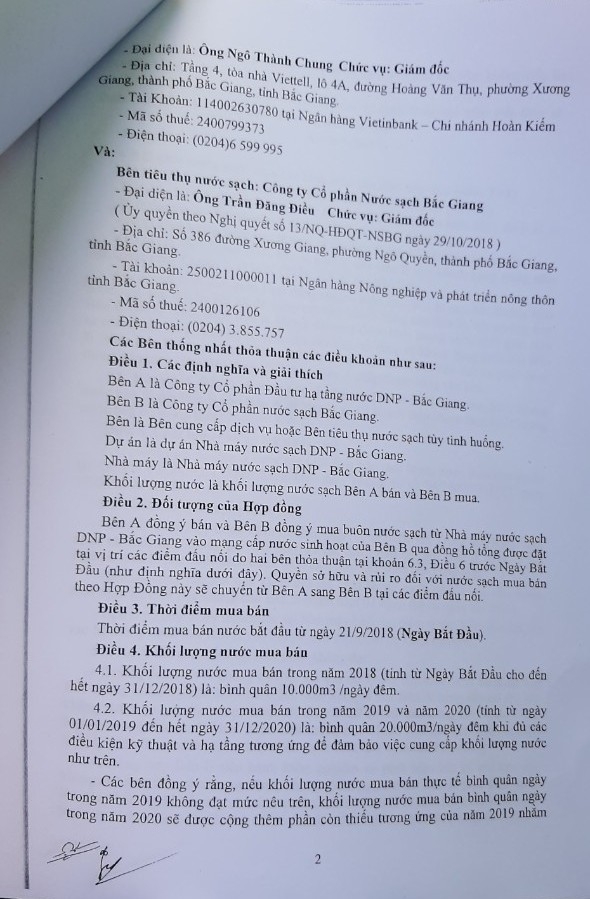 Theo nội dung hợp đồng, mỗi ngày DNP đã bán cho Công ty cổ phần nước sạch Bắc Giang 20.000m3/ngày đêm