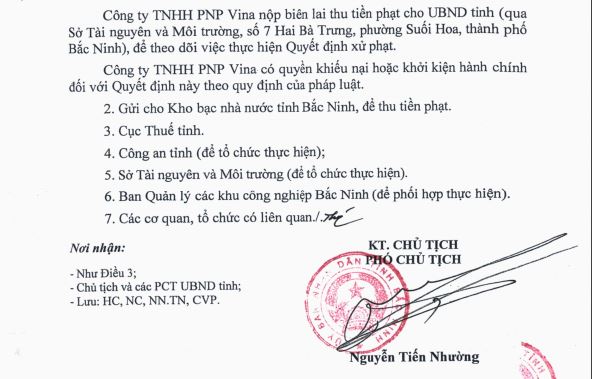 UBND tỉnh Bắc Ninh ban hành quyết định xử phạt doanh nghiệp bức tử môi trường.