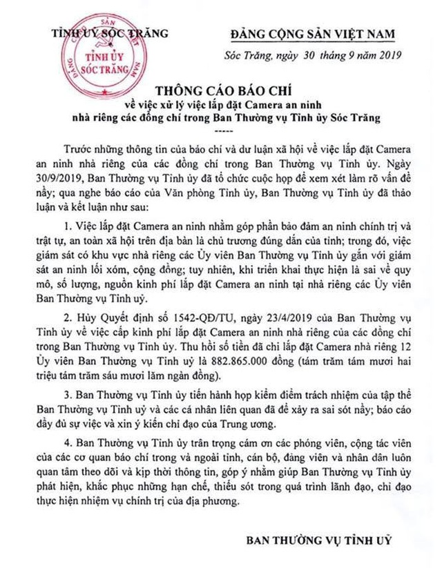 Thông cáo báo chí của Ban thường vụ Tỉnh ủy Sóc Trăng