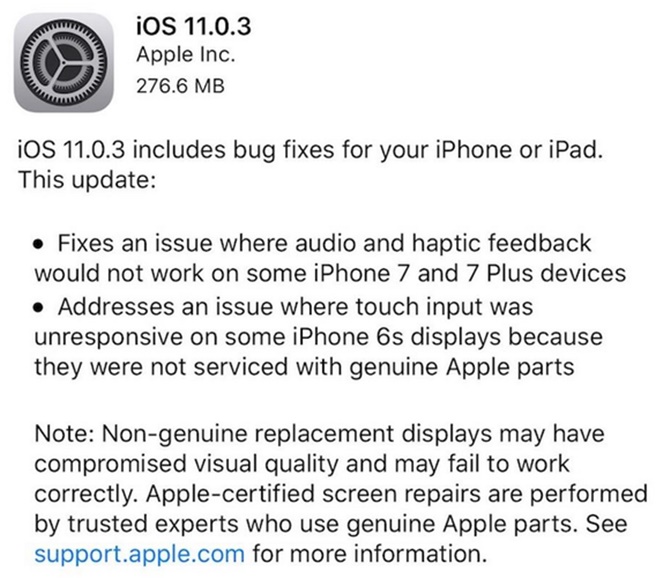 Apple phát hành iOS 11.0.3, bản cập nhật thứ tư trong bốn tuần qua