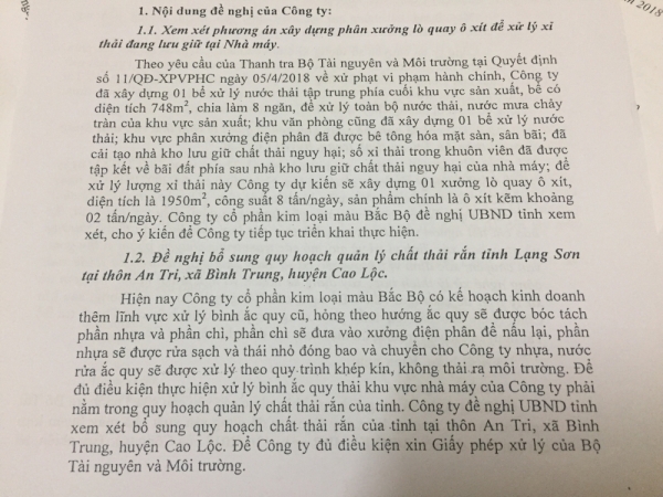 Công ty Cổ phần Kim loại màu Bắc Bộ xin UBND tỉnh Lạng Sơn bổ sung quy hoạch để đủ điều kiện xin giấy phép xử lý bình ắc quy thải