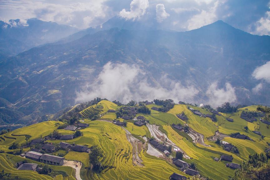 Hoàng Su Phì (Hà Giang) được nhắc đến với ruộng bậc thang đẹp bậc nhất Việt Nam với màu vàng phủ khắp núi đồi mỗi khi mùa lúa chín về.