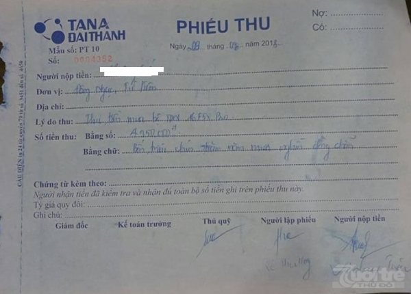 Phiếu thu tiền của Tân Á Đại Thành.