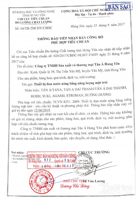 Thông báo tiếp nhận công bố phù hợp tiêu chuẩn của Chi cục tiêu chuẩn đo lường chất lượng (Sở Khoa học và Công nghệ Hưng Yên) cho sản phẩm: Thiết bị đun nước nóng bằng năng lượng mặt trời.