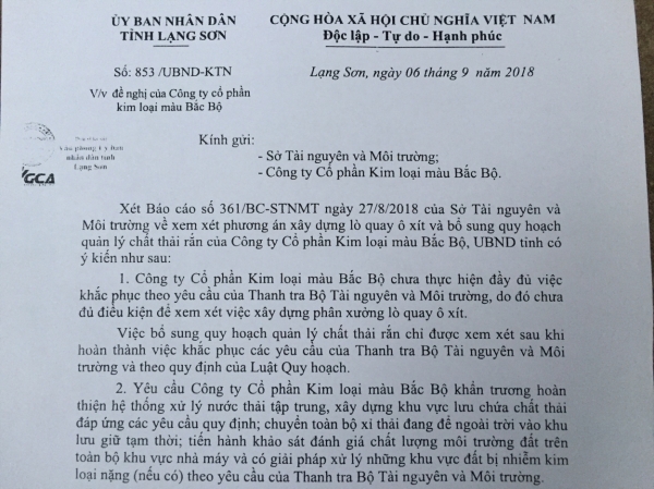 UBND tỉnh Lạng Sơn không xem xét đề nghị của Công ty Cổ phần Kim loại mầu Bắc Bộ nếu như doanh nghiệp này không hoàn thành việc khắc phục theo kết luận của Thanh tra Bộ TN&amp;MT