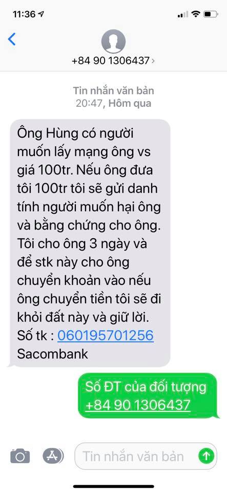 Tin nhắn đe dọa, tống tiền gửi đến số điện thoại của ông Hùng