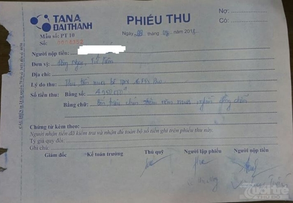 Phiếu thu tiền bán sản phẩm Máy nước nóng năng lượng mặt trời Tân Á Pro của Tân Á Đại Thành.